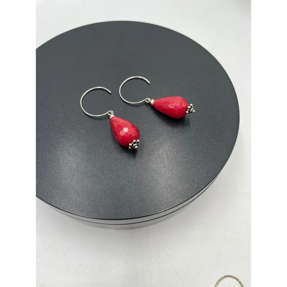 Genuine Red Jadeite‎ Sterling Silver 925 Dangle Earrings Faceted Teardrop 2
